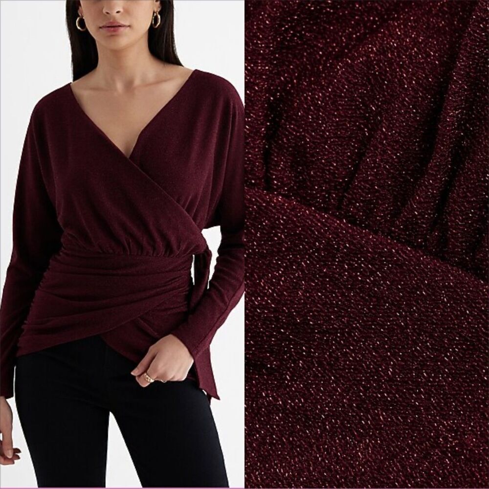 Express Relaxed Metallic V-Neck Surplice Tie Waist Top Size Xl Nwt Burgundy